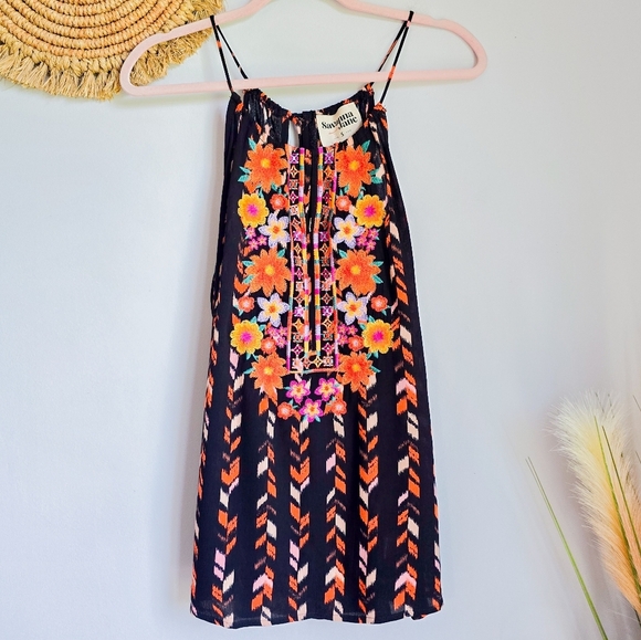 Savanna Jane New Vera Embroidered Black Floral Halter Tie Tank Top Size Small - Picture 12 of 12